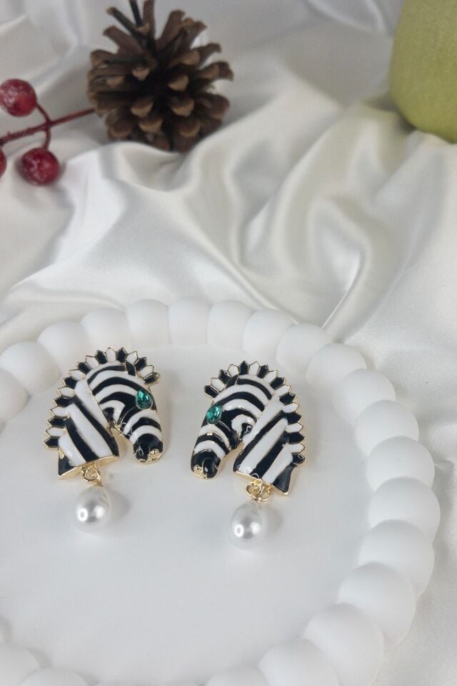 Vintage Zebra Çizgili İnci Damla Küpe