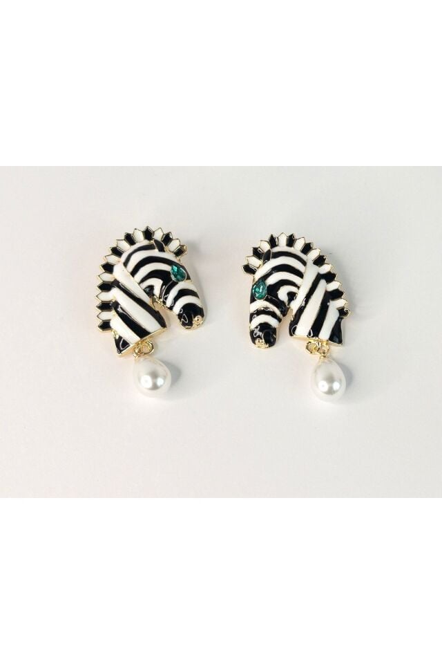 Vintage Zebra Çizgili İnci Damla Küpe