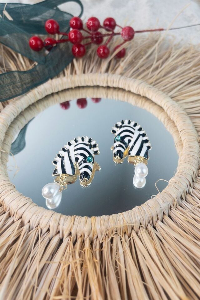 Vintage Zebra Çizgili İnci Damla Küpe