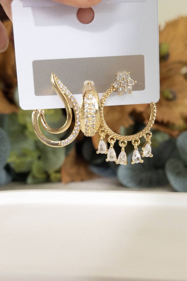 Çiçekli Üçlü Küpe Seti