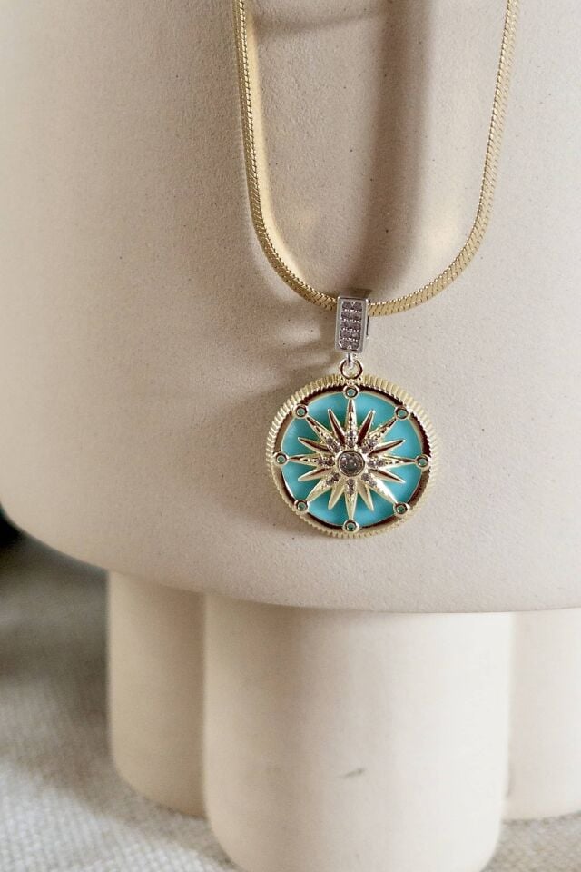 Turkuaz Güneş Madalyon Kolye