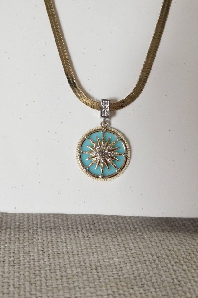 Turkuaz Güneş Madalyon Kolye
