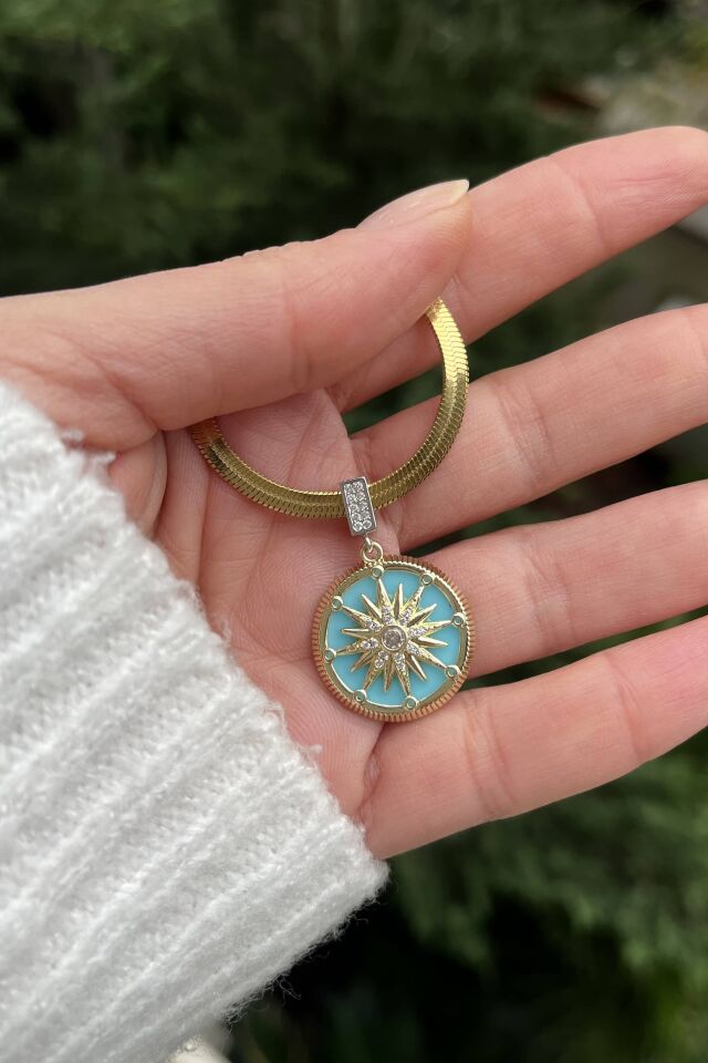 Turkuaz Güneş Madalyon Kolye