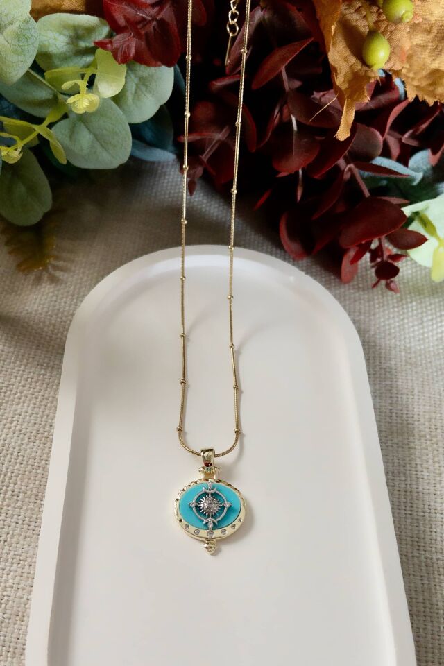 Turkuaz Yön Bulucu Madalyon Kolye