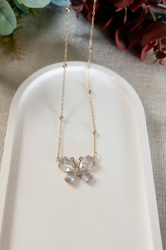 Taşlı Kelebek Figürlü Kolye