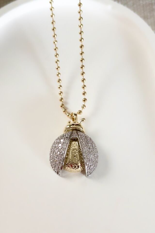 Gümüş Taşlı Uğur Böceği Kolye