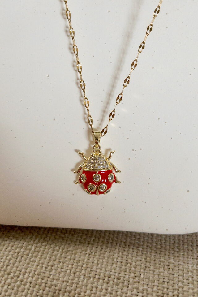 Taşlı Uğur Böceği Figürlü Kolye