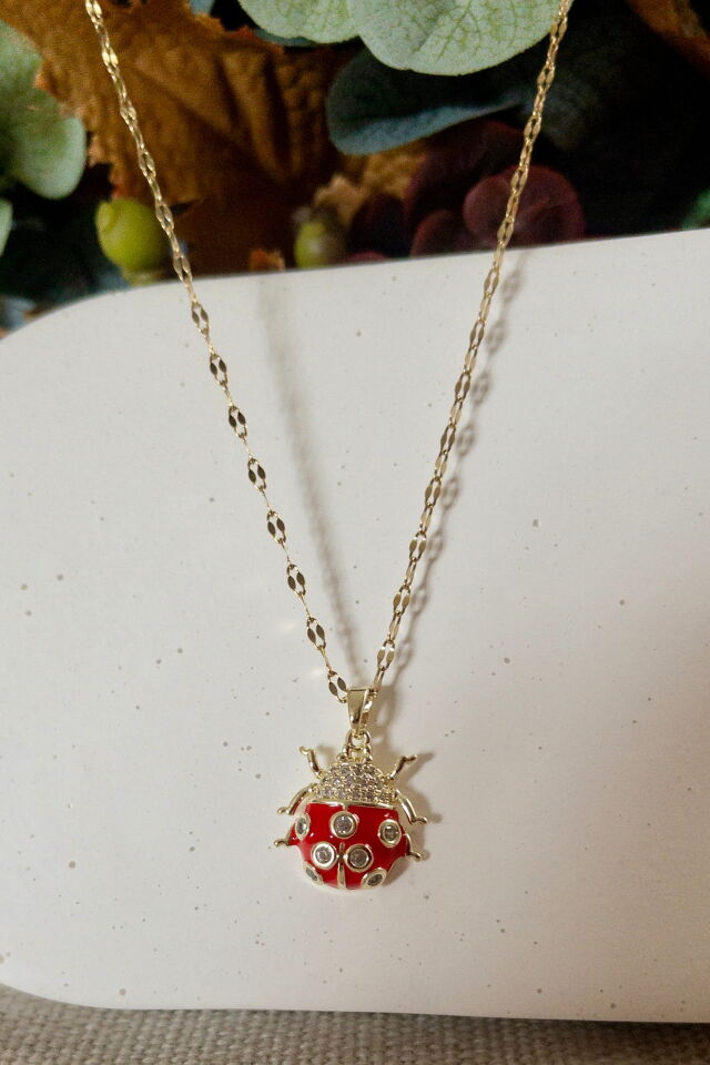 Taşlı Uğur Böceği Figürlü Kolye