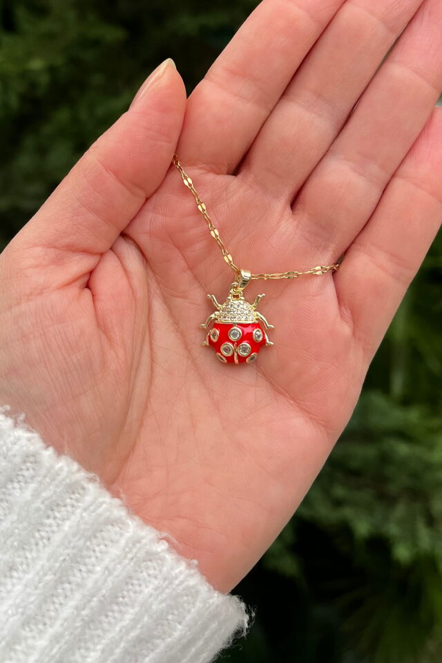 Taşlı Uğur Böceği Figürlü Kolye